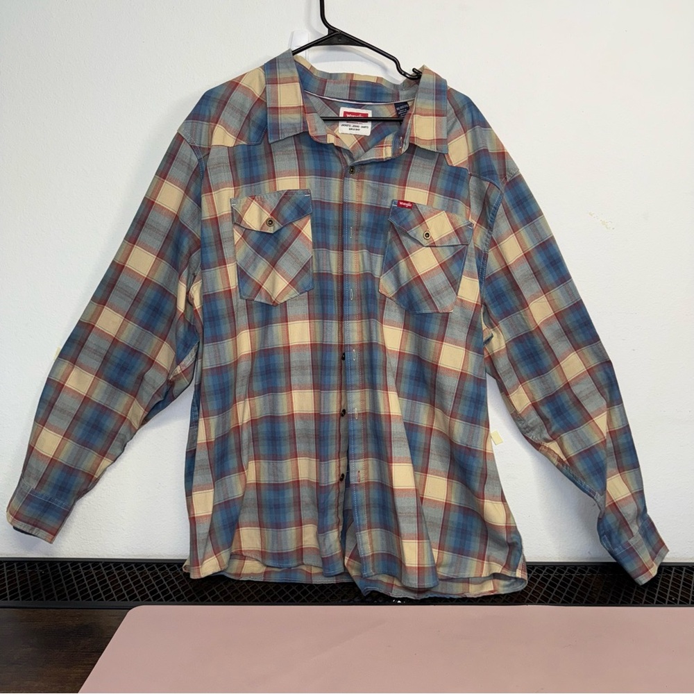 Wrangler Men's 3XL Plaid Long Sleeve Western Shirt Blue Beige Front Cotton Blend
